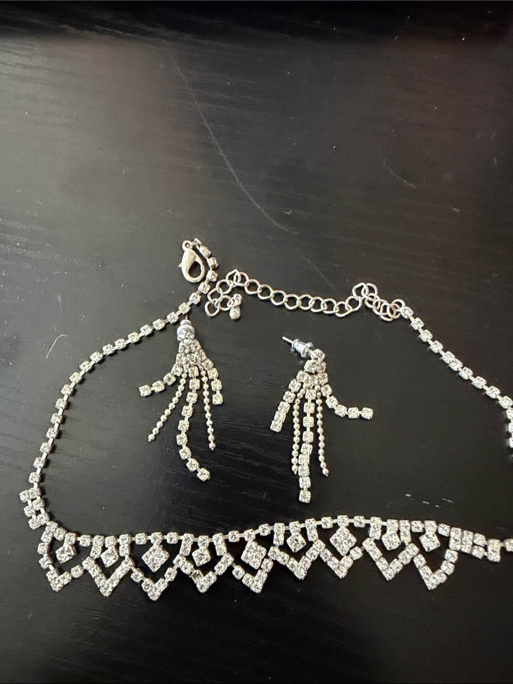 Silver Crystal Fringe Necklace and Earrings Set - Women Jewelry